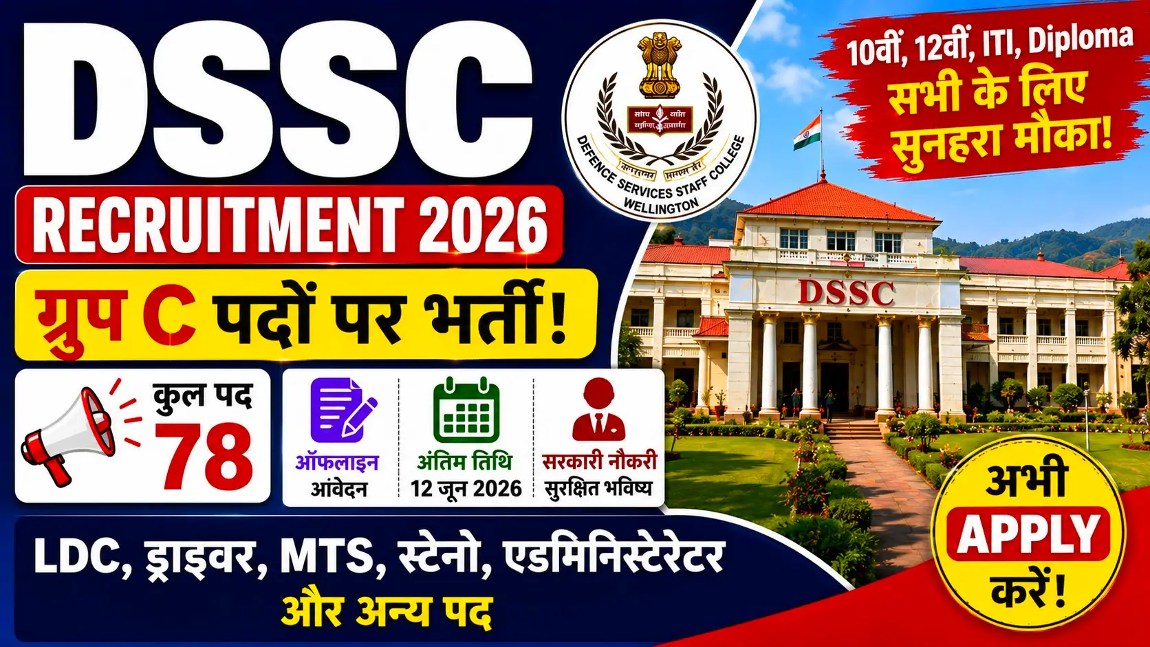 DSSC Recruitment 2026: 10वीं, 12वीं पास युवाओं के लिए निकली 78 पदों पर भर्ती, बिना ऑनलाइन फॉर्म मिलेगा मौका