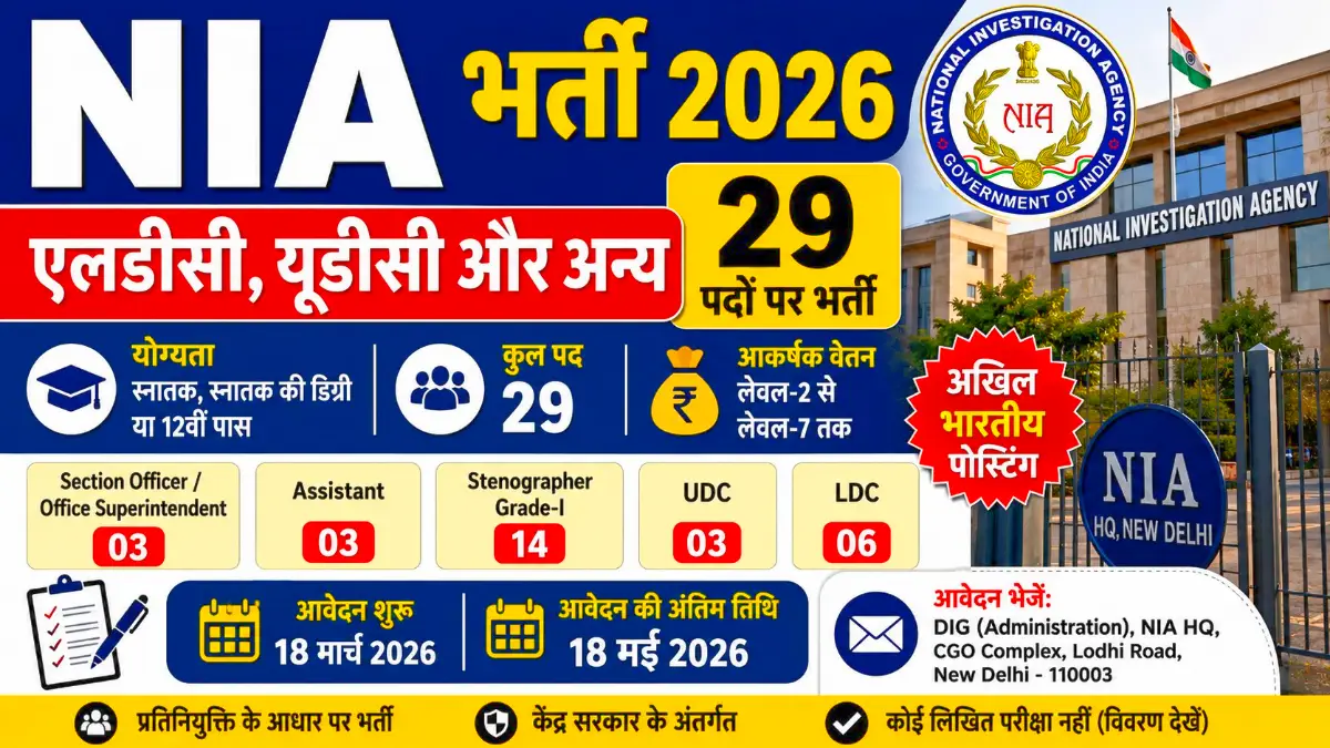 NIA Recruitment 2026: एलडीसी, यूडीसी और अन्य 29 पदों पर भर्ती, ऑफलाइन आवेदन शुरू